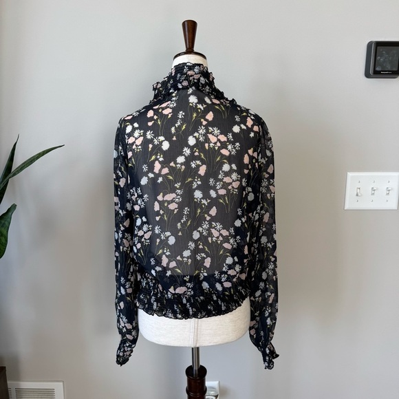 Zara Basics Sheer Floral Ruffle Neck Blouse - Smock Waist and Cuffs - Picture 9 of 9